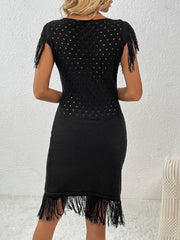 Jane Crochet Knit Fringe Midi Dress - Black