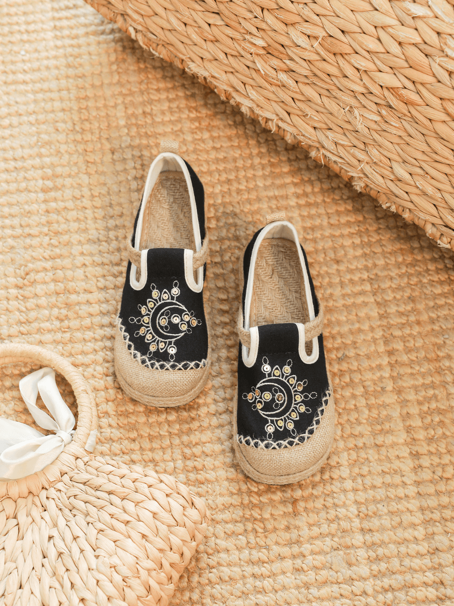 Cactus Rose | Blooming Moon Embroidered Linen Espadrilles - Black