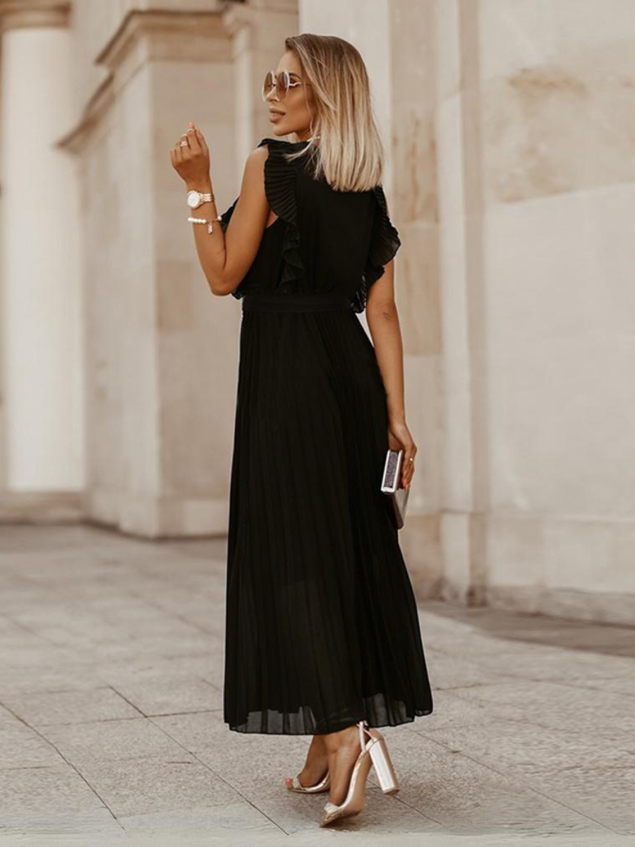 Elisha Plisse Ruffle Shoulder Midi Dress - Black