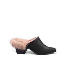 JADY ROSE | FAUX FUR LINED POINTED LEATHER MULE - BLACK