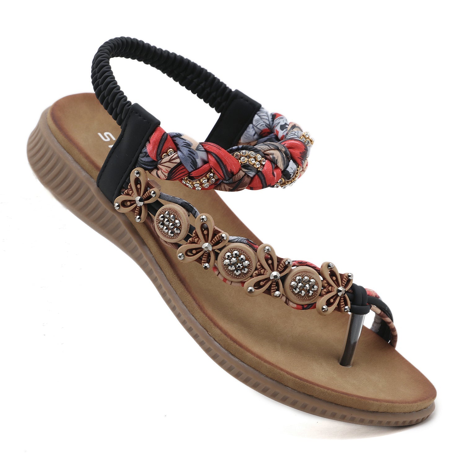 SIKETU | FLORAL BEAD BRAIDED ASYMMETRICAL SANDAL - BLACK