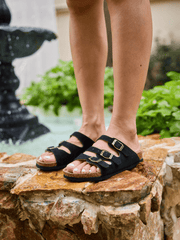 Maibulun | Signature Tri Strap Suede Footbed Sandal - Black