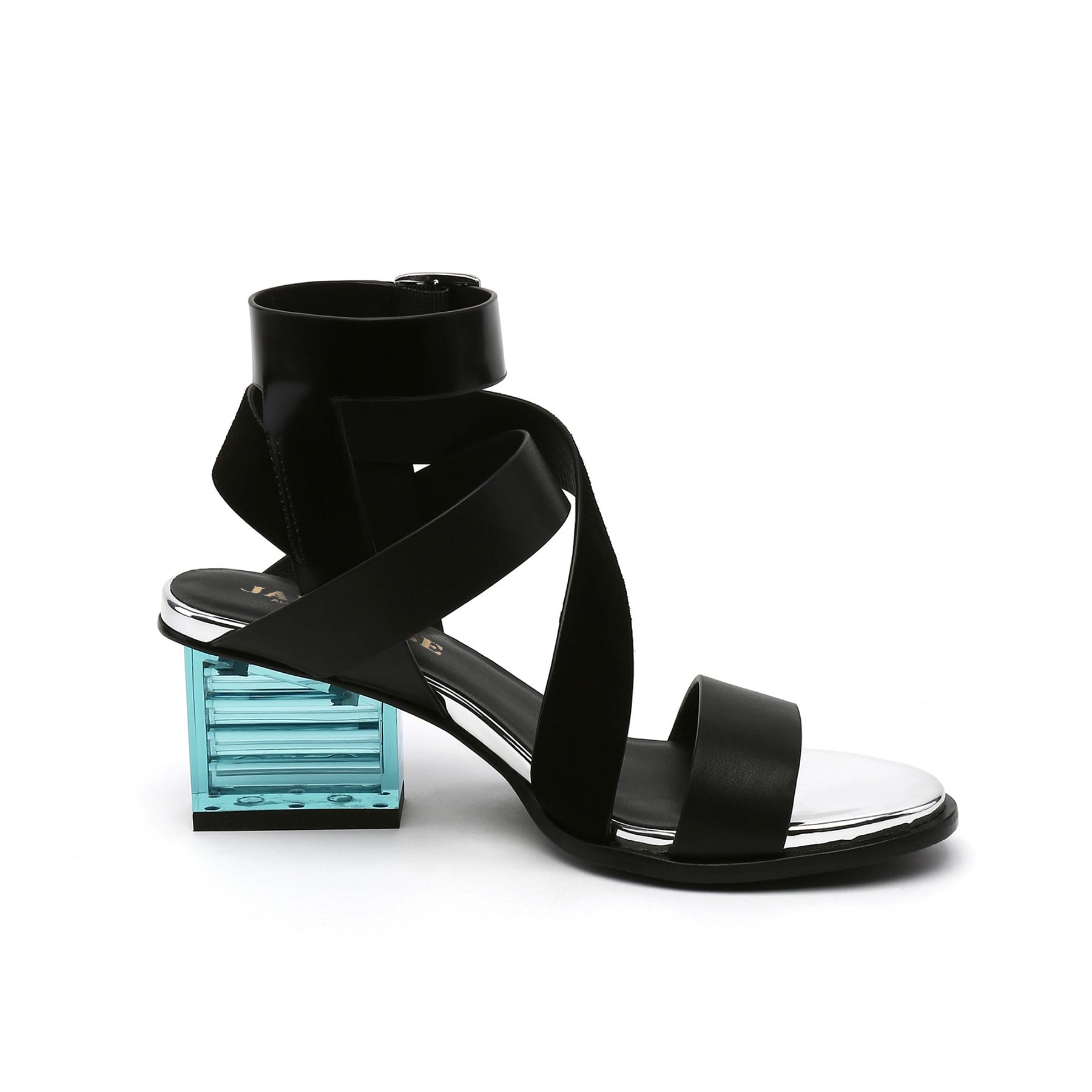 JADY ROSE | BLOCK HEEL CROSS TRIPLE-STAP LEATHER SANDAL - BLACK