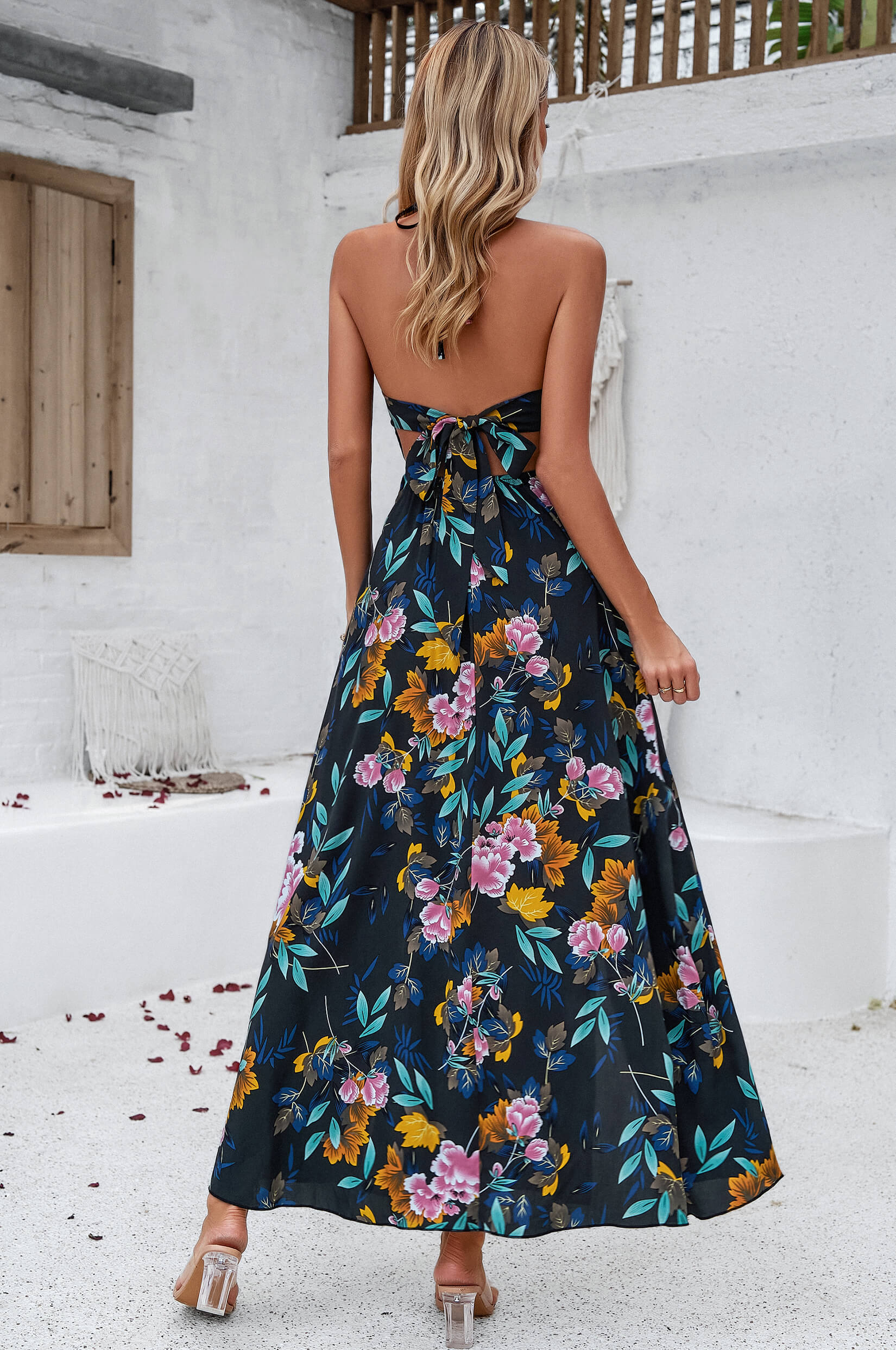 Hawaii Floral Print Tie Back Halter Maxi Dress - Black