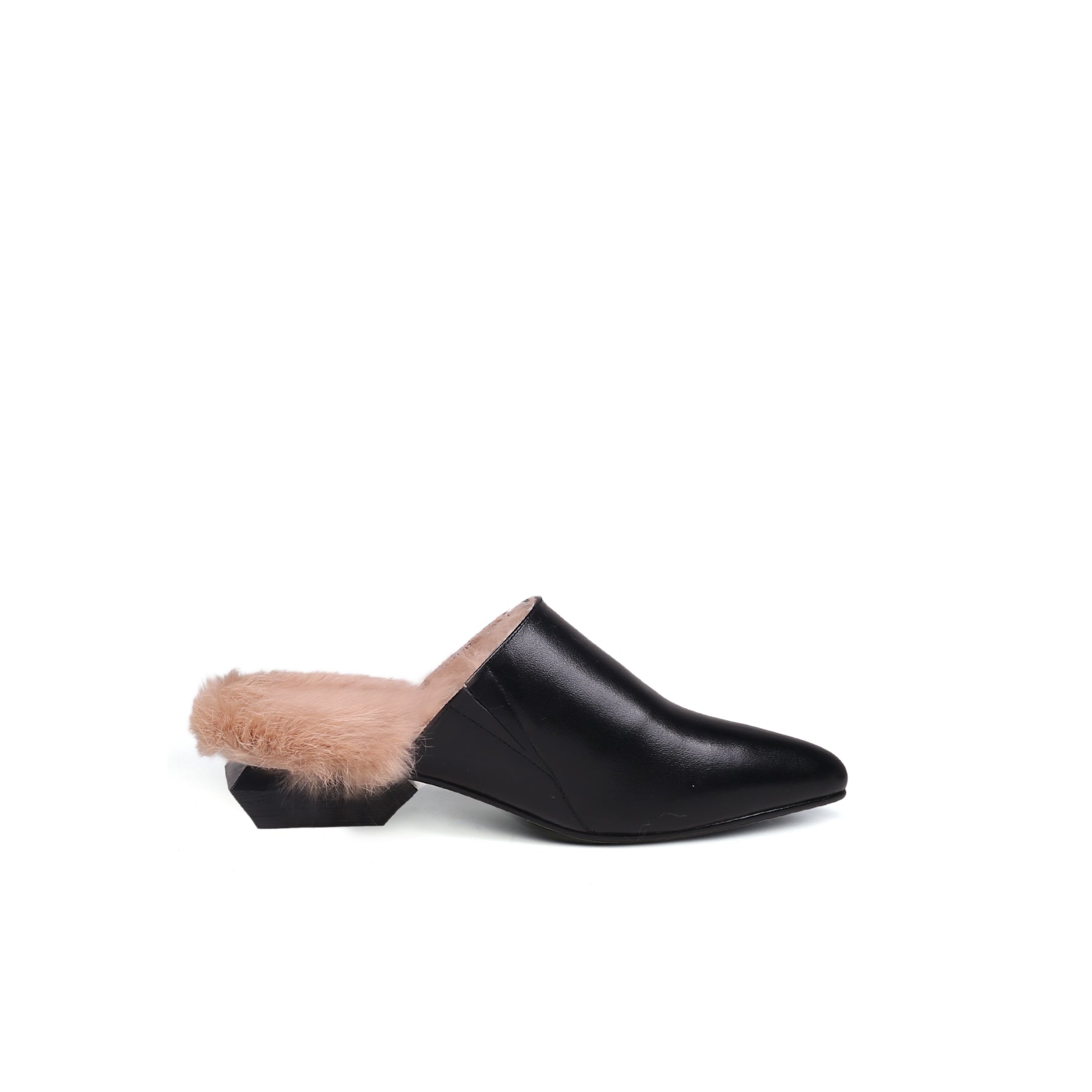 JADY ROSE | FAUX FUR LINED BLACK LEATHER FLAT MULE