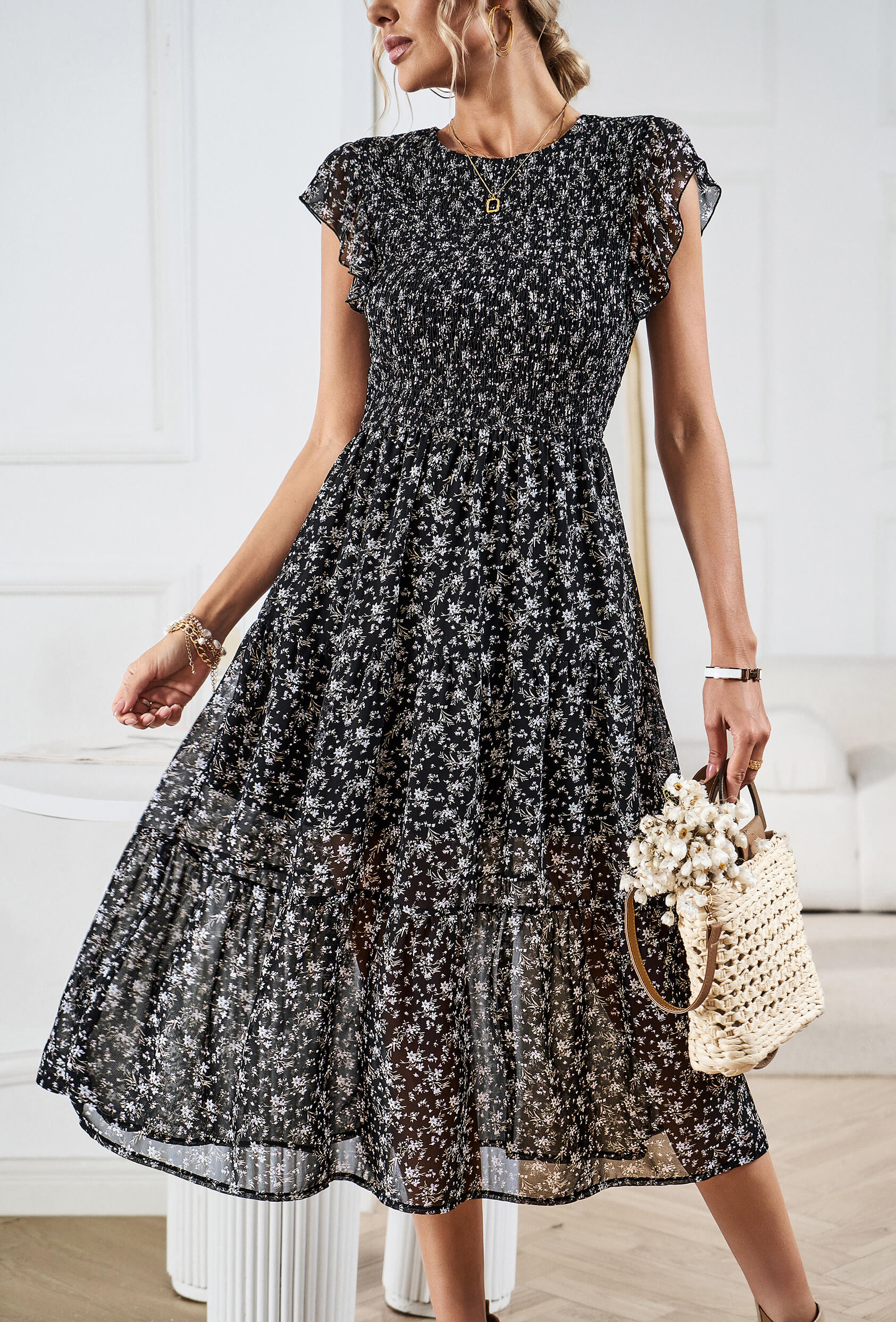 Always Falling Floral Tiered Midi Dress - Black