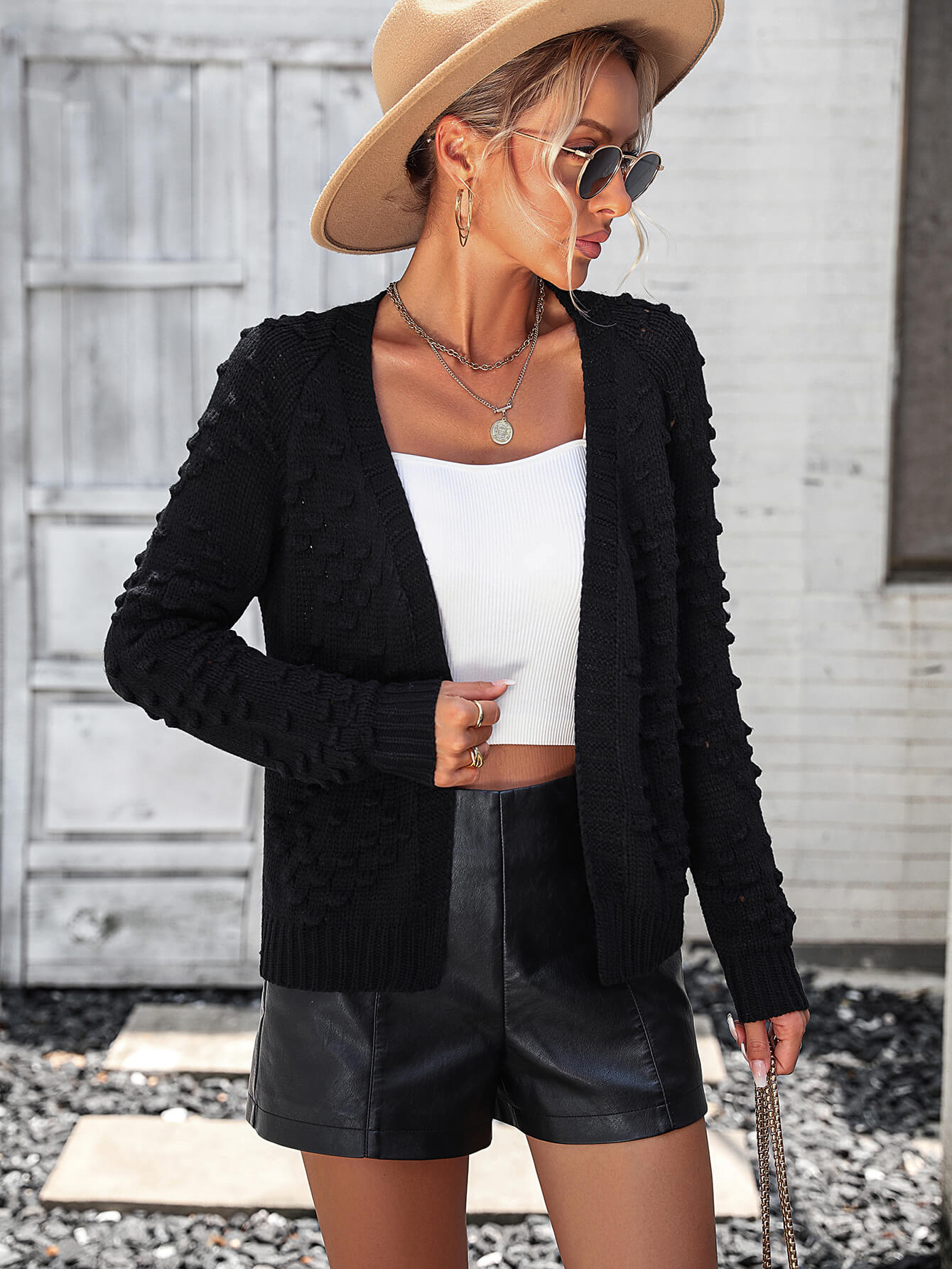 Billie Pom Open Sweater Cardigan - Black