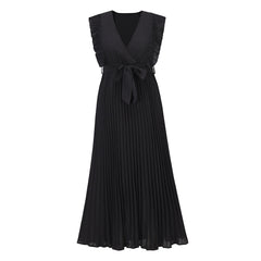 Elisha Plisse Ruffle Shoulder Midi Dress - Black