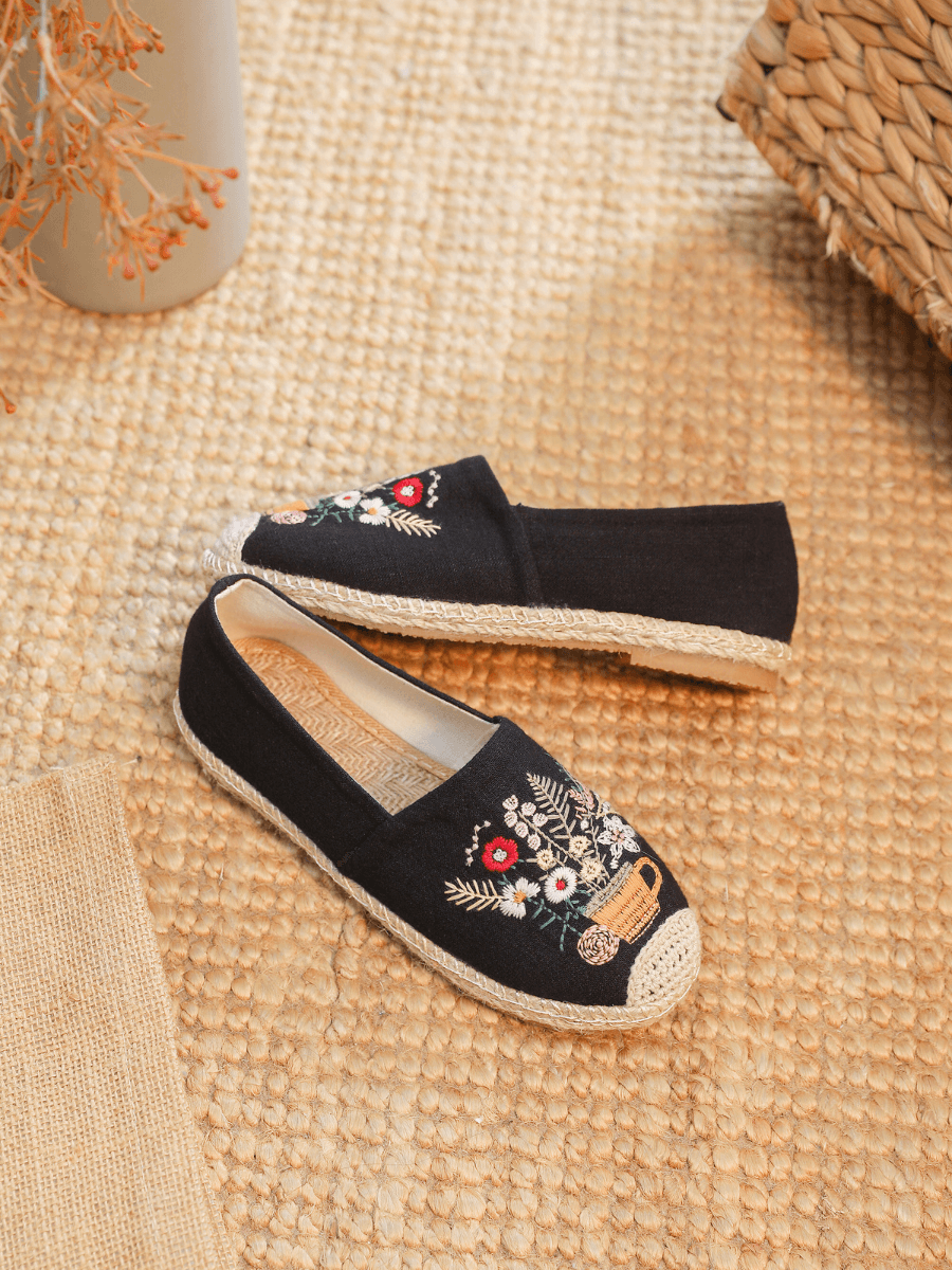 Cactus Rose | Cup Of Blossom Linen Espadrilles - Black