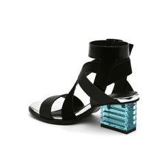 JADY ROSE | BLOCK HEEL CROSS TRIPLE-STAP LEATHER SANDAL - BLACK