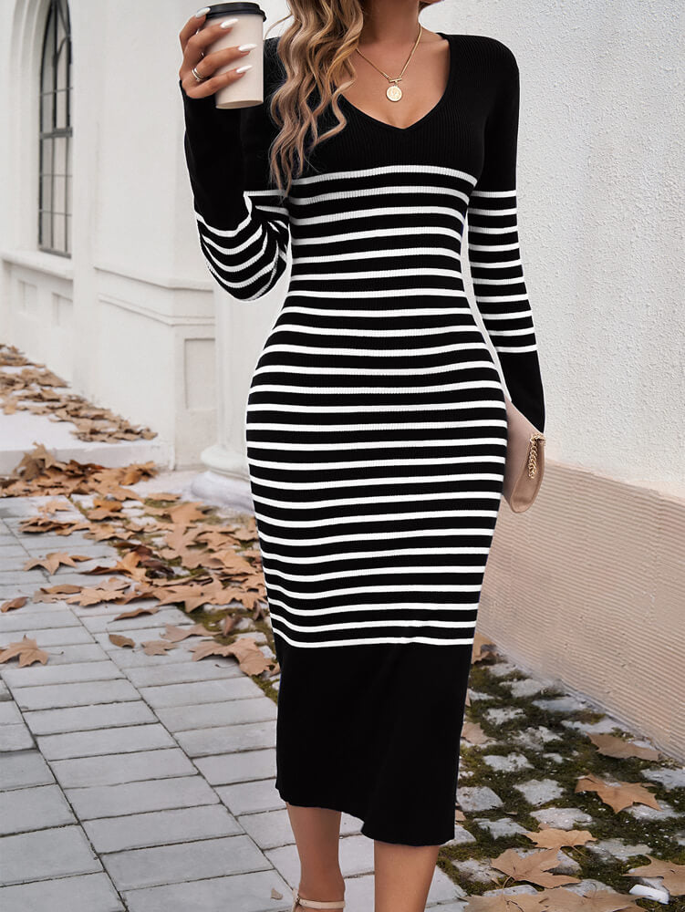 Eloise Striped Bodycon Sweater Midi Dress - Black