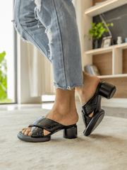 Jady Rose | Veronica Puffy Cross-Strap Leather Sandal - Black