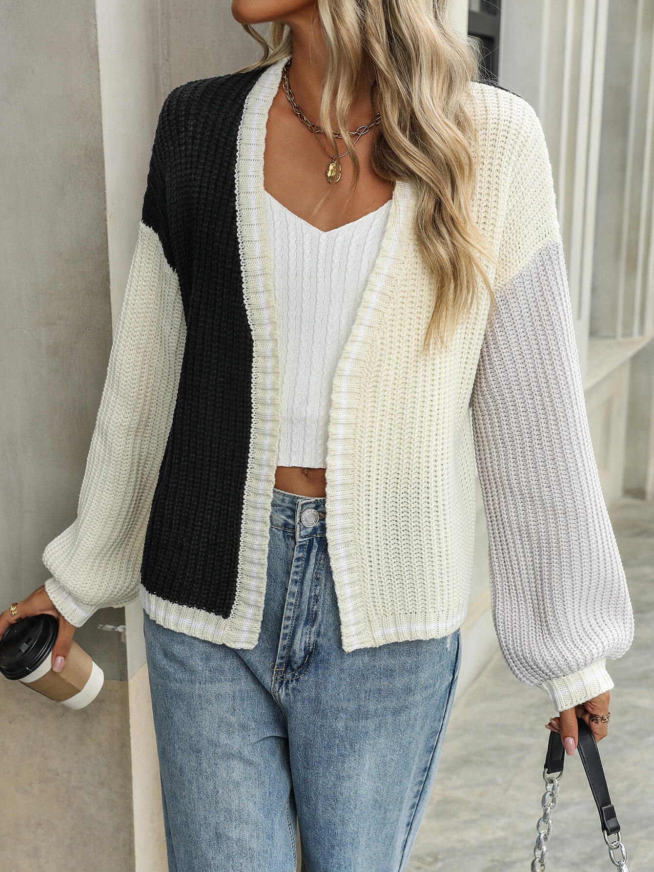 Christine Contrast Sweater Cardigan - Black