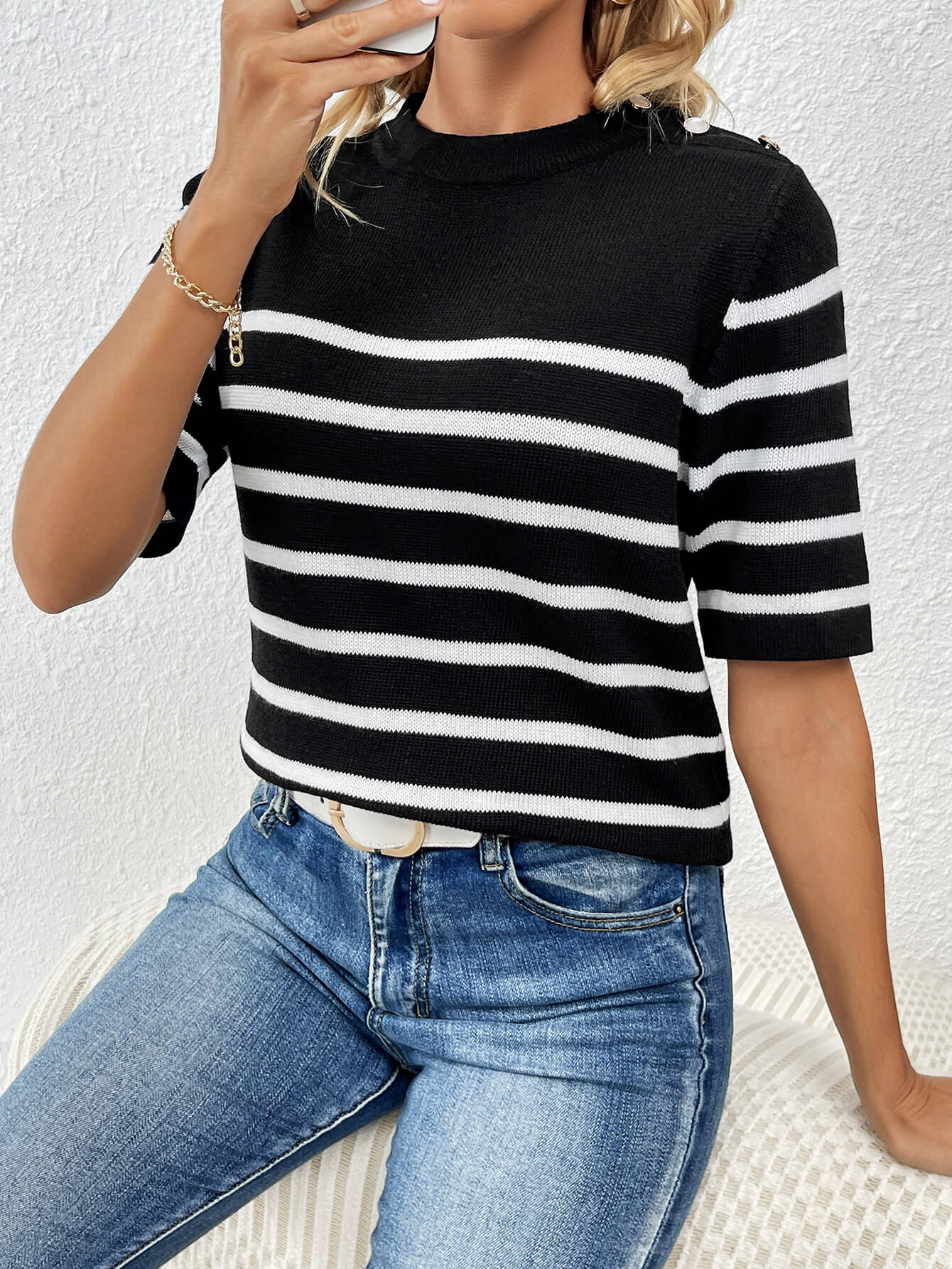 Regatta Striped Crew Neck Short Sleeve Knit Top - Black