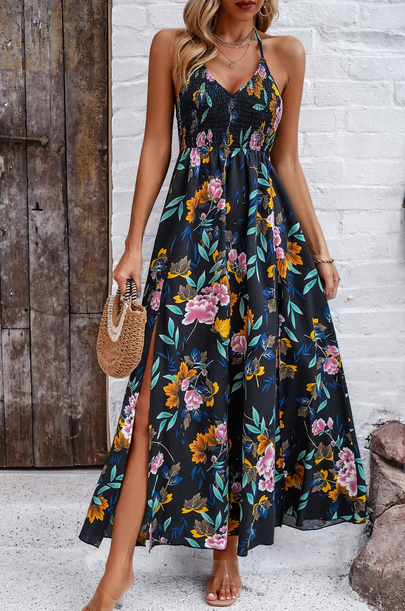 Hawaii Floral Print Tie Back Halter Maxi Dress - Black