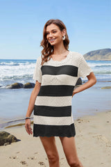 Christa Knit Crochet Striped Mini Dress - Black