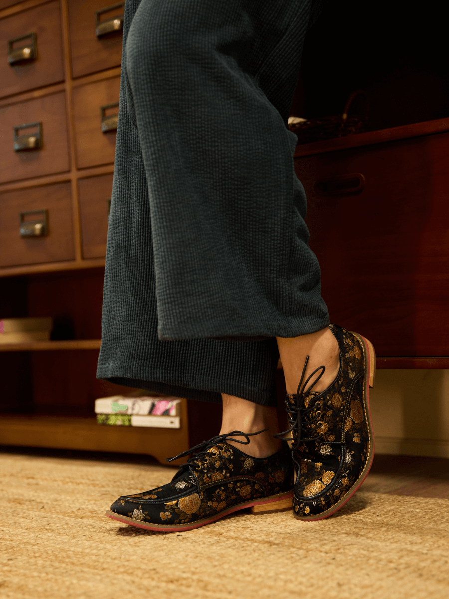 Soffia | Gold Age Rose Print Flat Brogues