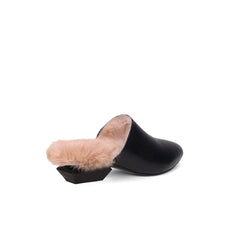 JADY ROSE | FAUX FUR LINED BLACK LEATHER FLAT MULE