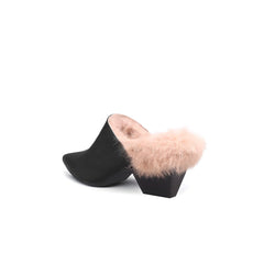 JADY ROSE | FAUX FUR LINED POINTED LEATHER MULE - BLACK