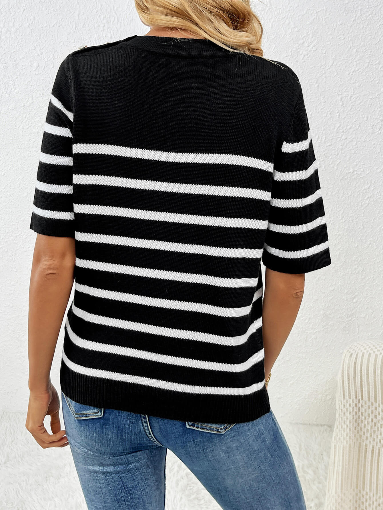 Regatta Striped Crew Neck Short Sleeve Knit Top - Black