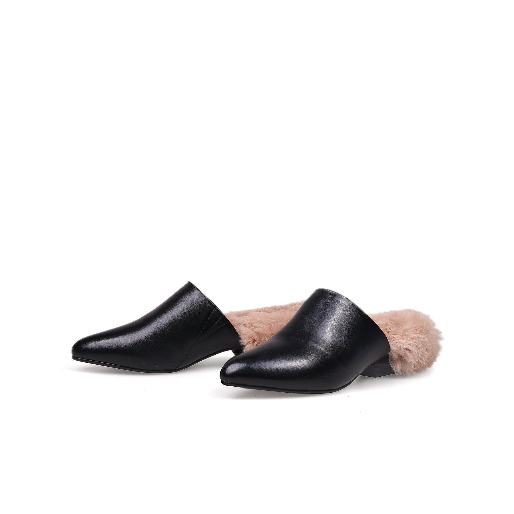 JADY ROSE | FAUX FUR LINED BLACK LEATHER FLAT MULE