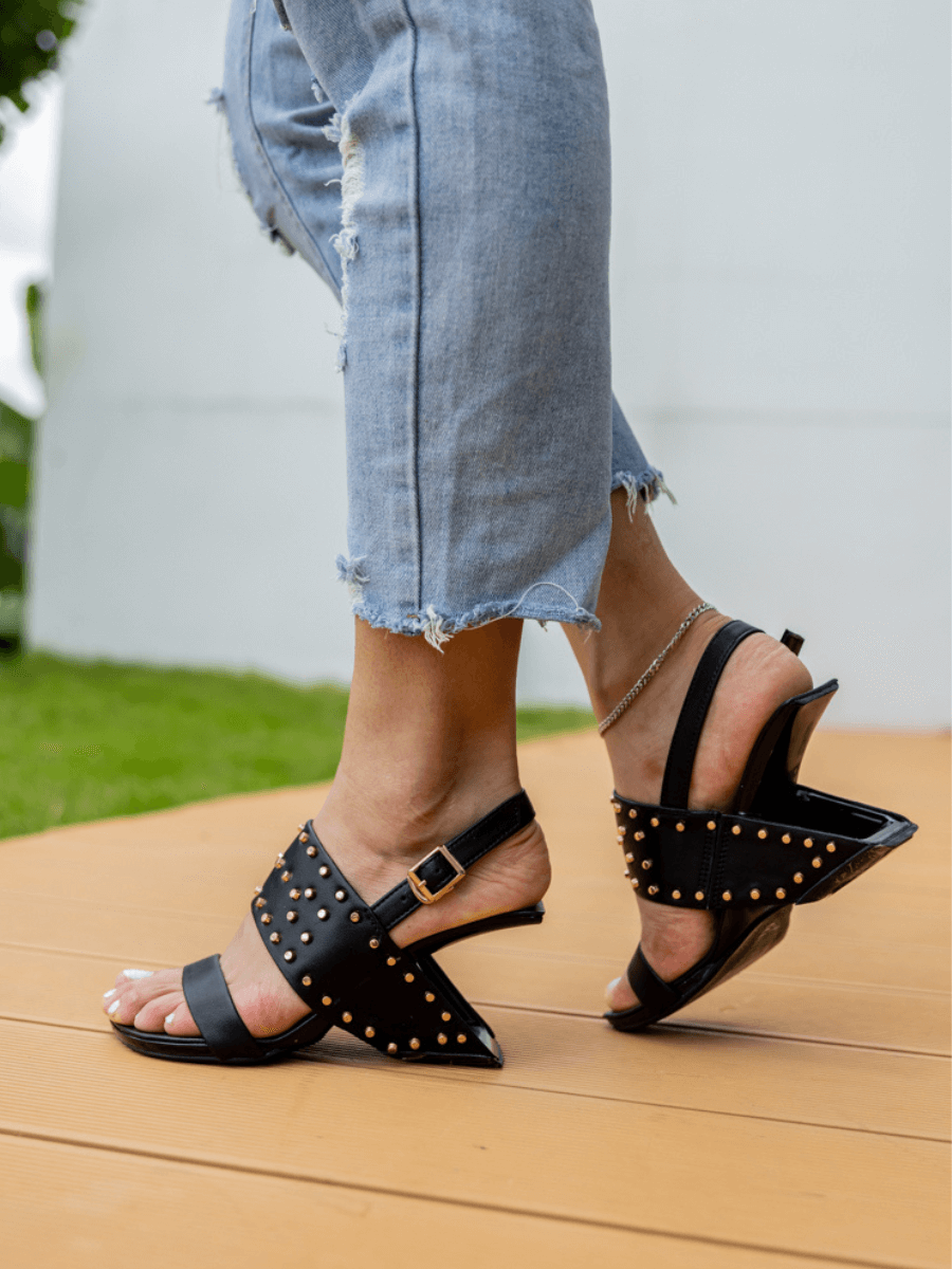 Jady Rose | Maxina Studded Leather Slingback Heels - Black