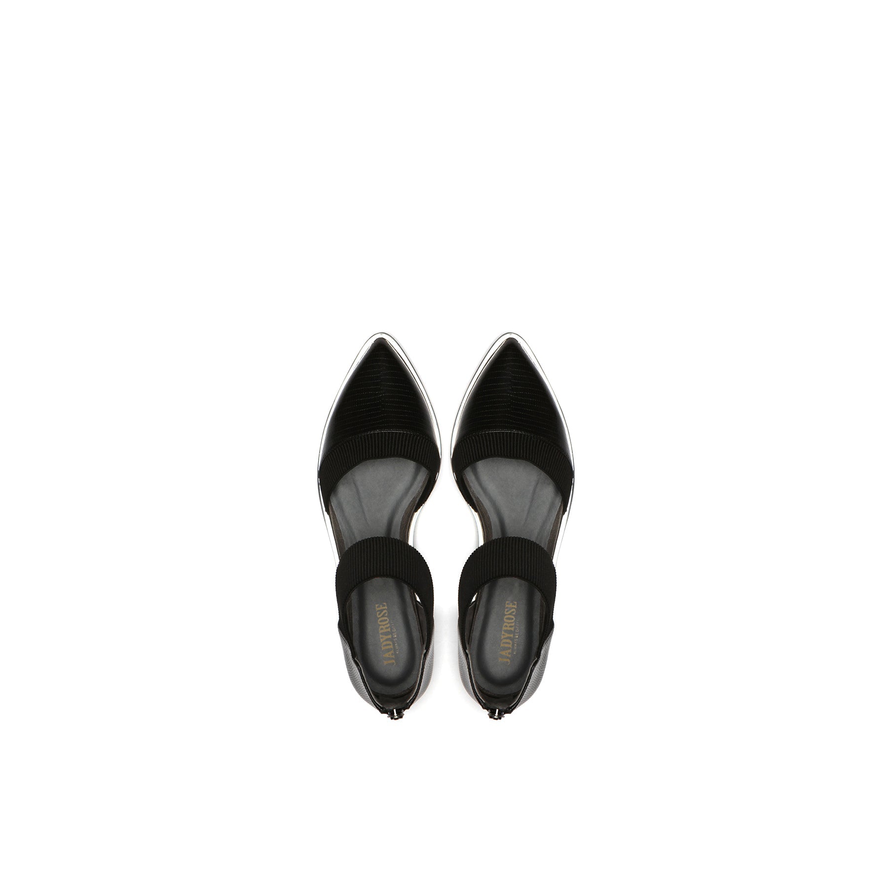 JADY ROSE | POINTED LEATHER ANKLE-STRAP FLAT - BLACK