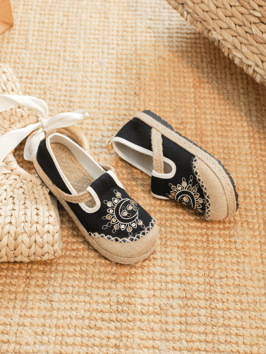 Cactus Rose | Blooming Moon Embroidered Linen Espadrilles - Black