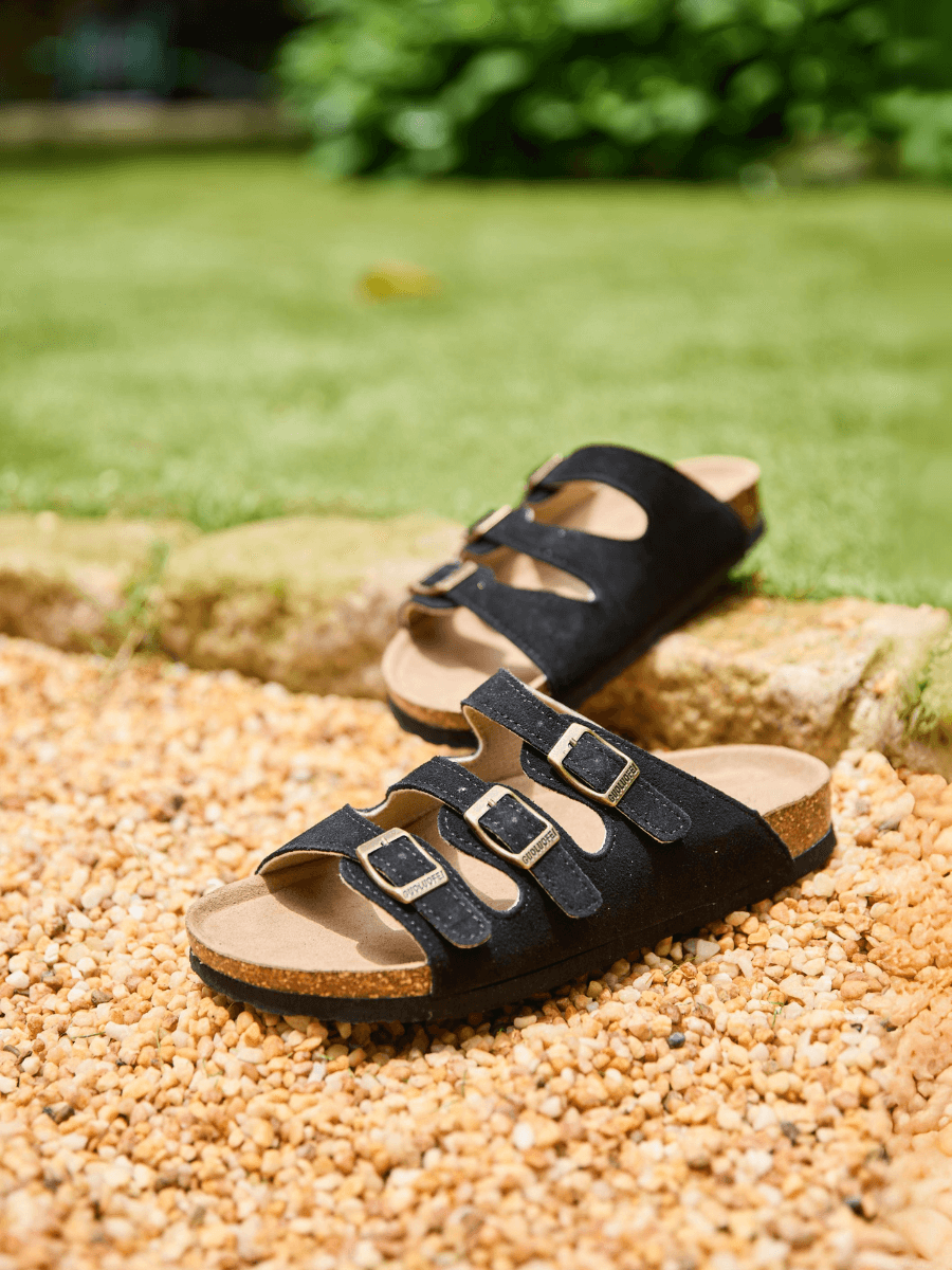 Maibulun | Signature Tri Strap Suede Footbed Sandal - Black