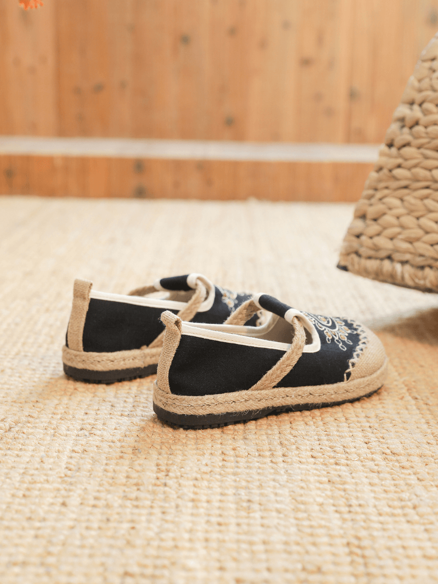 Cactus Rose | Blooming Moon Embroidered Linen Espadrilles - Black