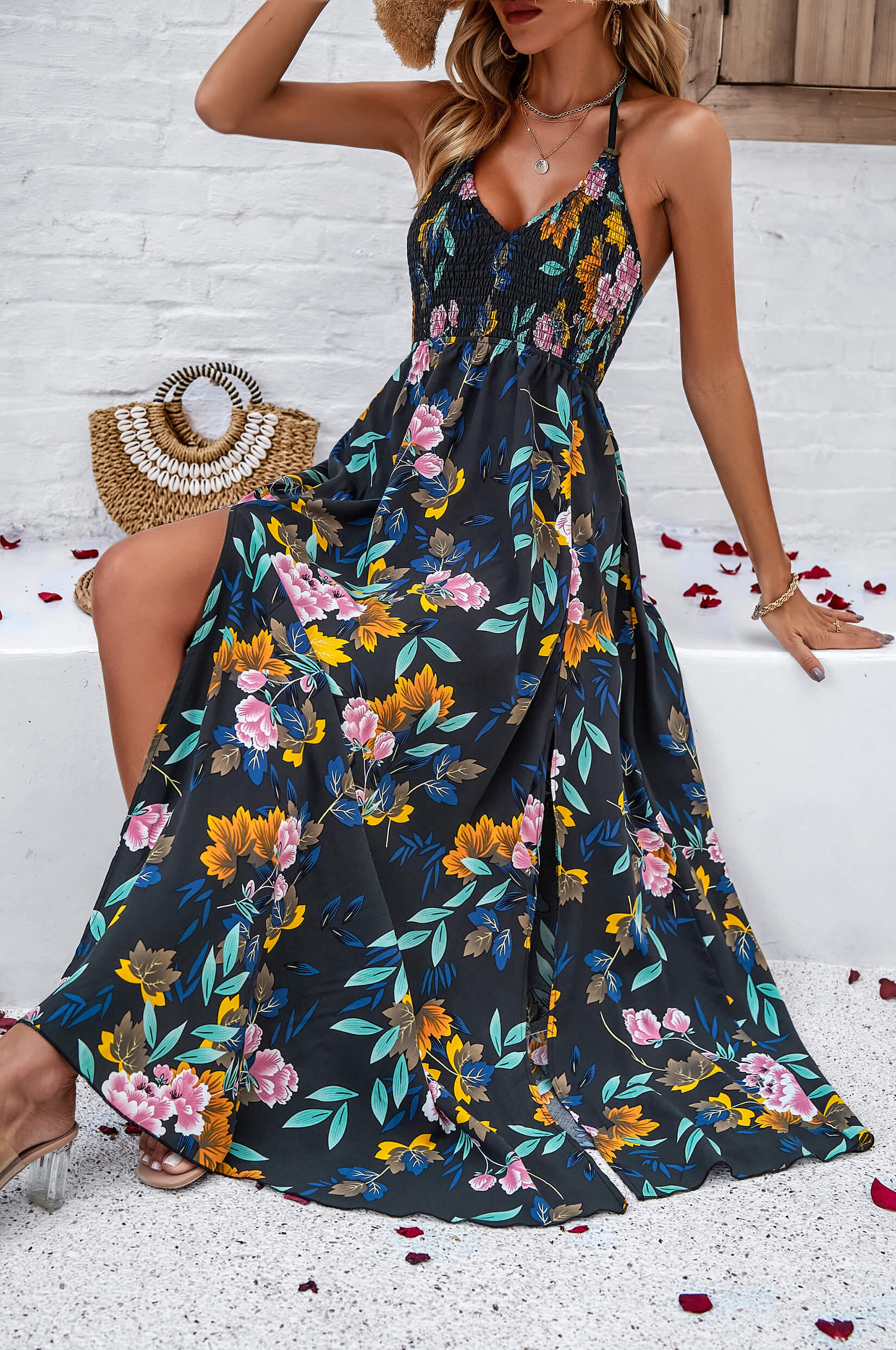 Hawaii Floral Print Tie Back Halter Maxi Dress - Black