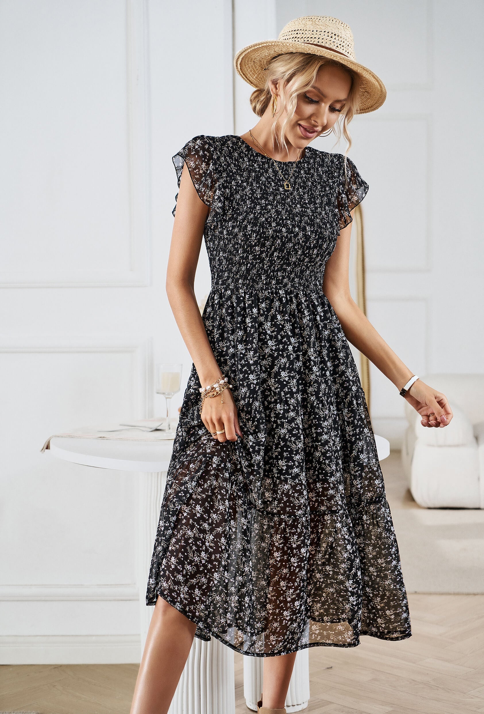 Always Falling Floral Tiered Midi Dress - Black