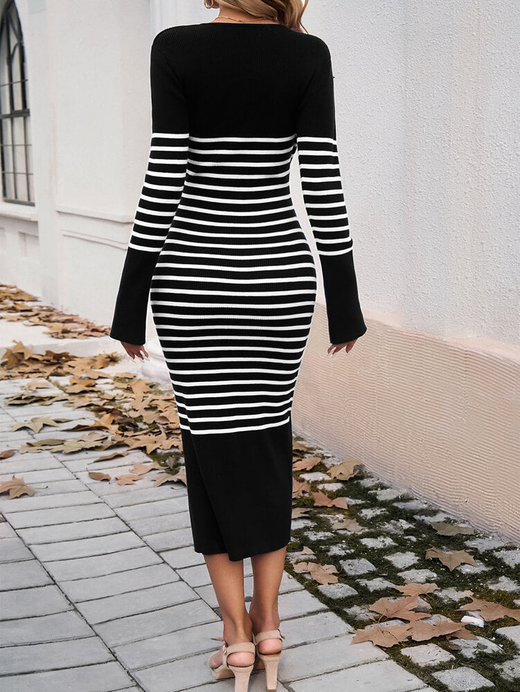 Eloise Striped Bodycon Sweater Midi Dress - Black