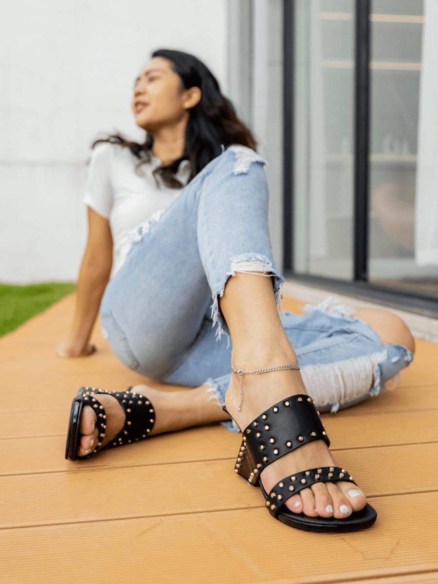 Jady Rose | Maxina Studded Leather Slingback Heels - Black