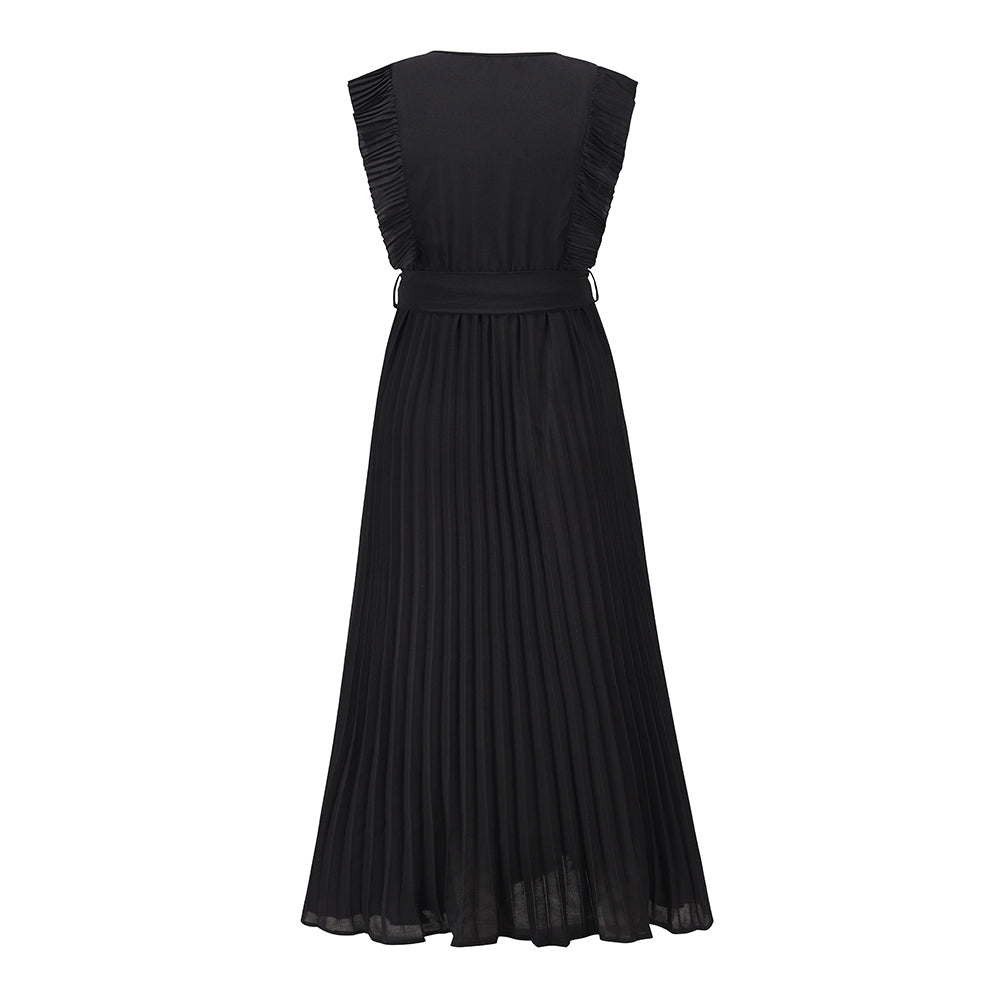 Elisha Plisse Ruffle Shoulder Midi Dress - Black