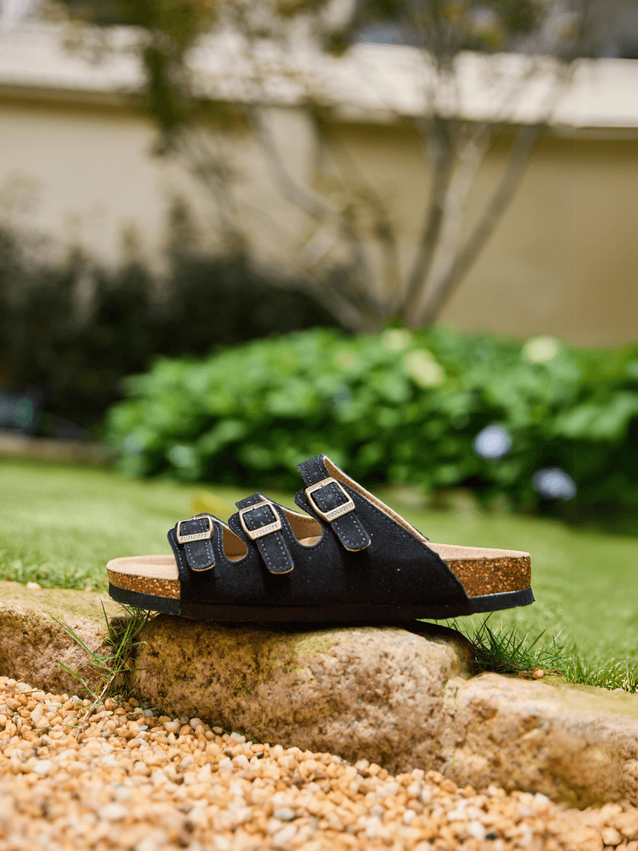 Maibulun | Signature Tri Strap Suede Footbed Sandal - Black