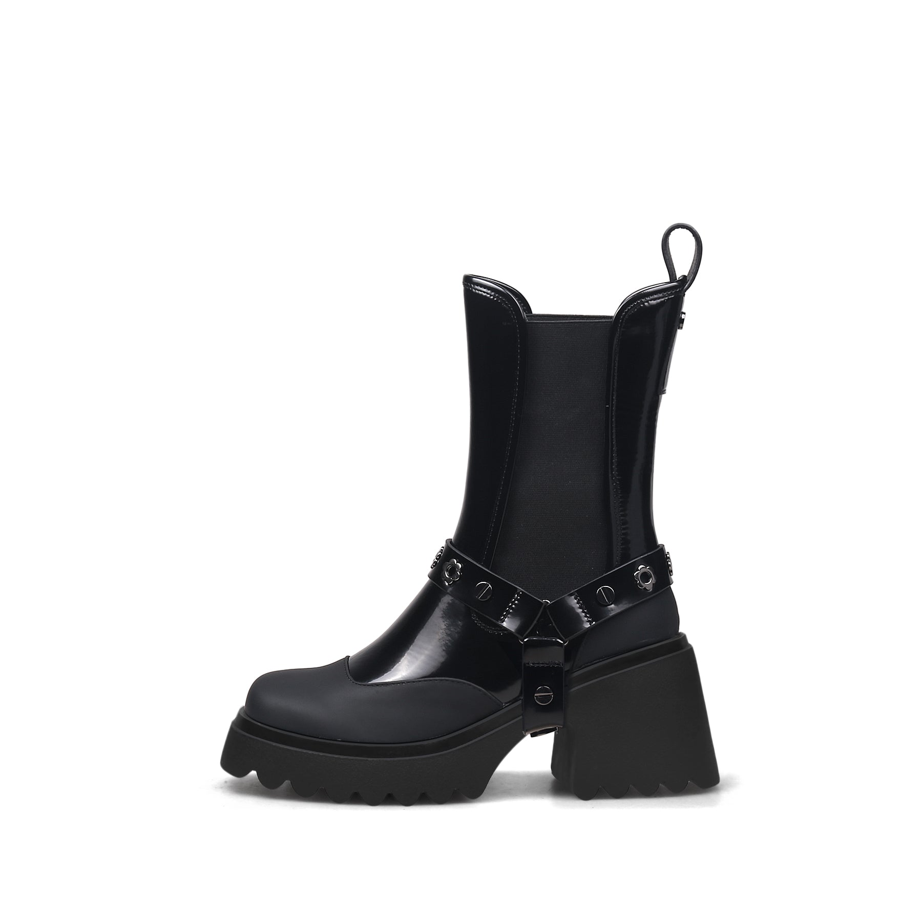 JADY ROSE | STRAP RIVET LEATHER CHELSEA BOOT - BLACK