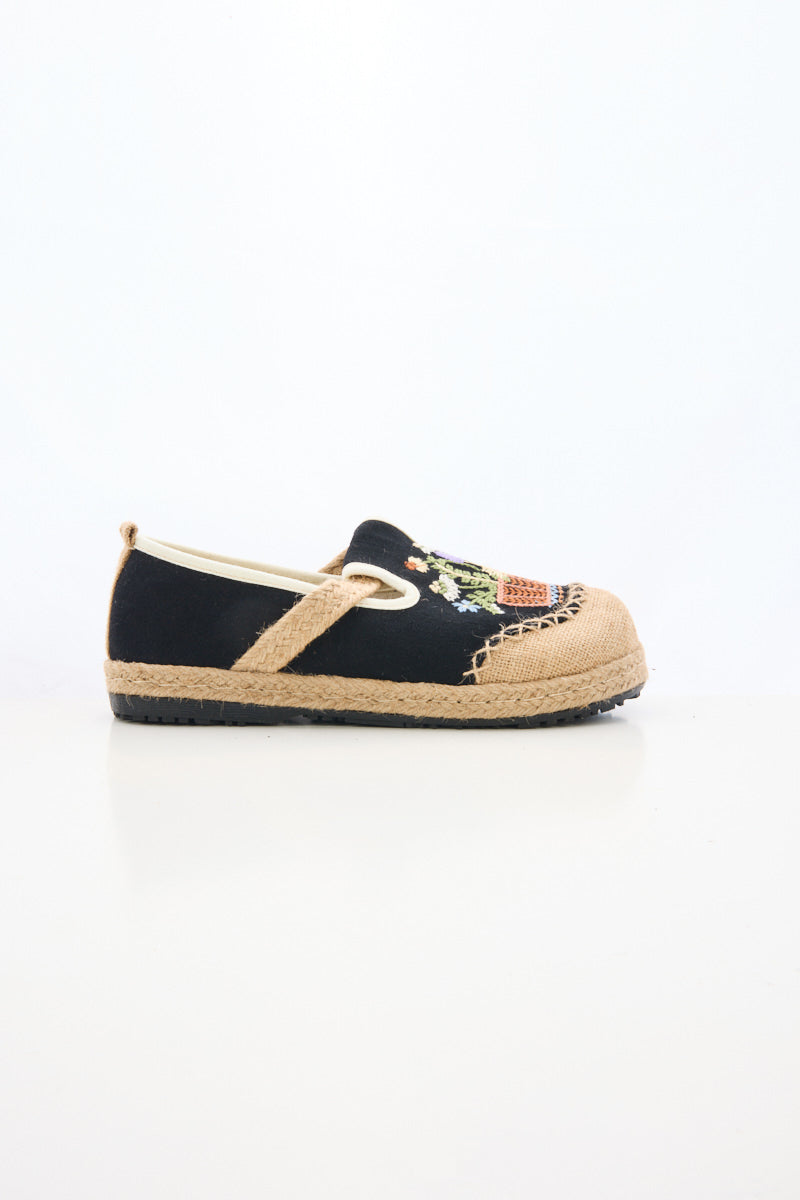 Cactus Rose | Kahului Embroidered Linen Espadrilles - Black