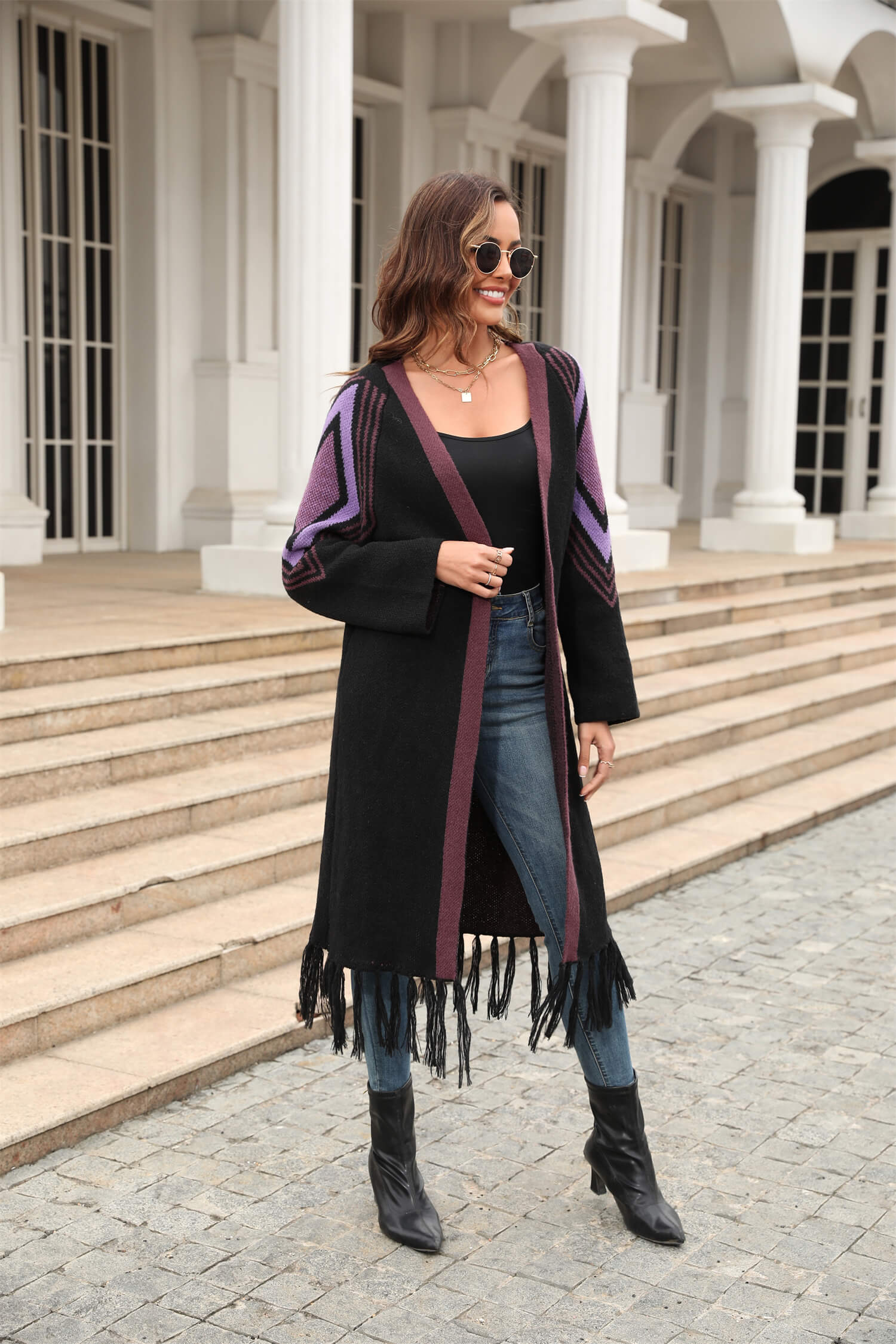 Nemah Fringe Hem Long Cardigan - Black