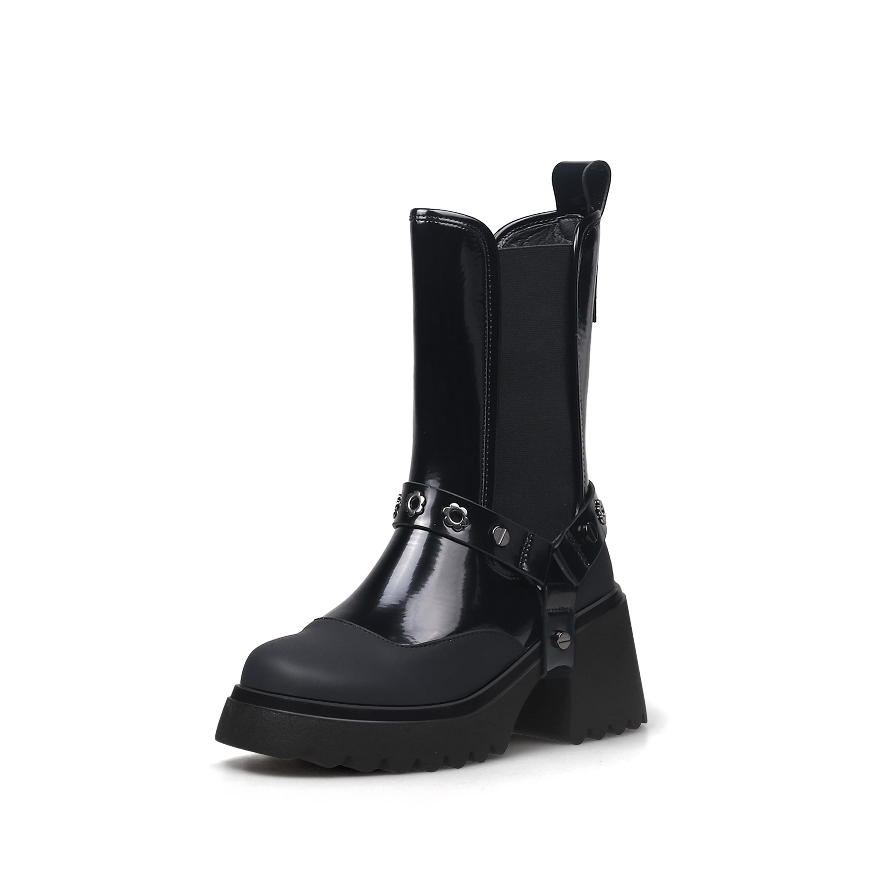 JADY ROSE | STRAP RIVET LEATHER CHELSEA BOOT - BLACK