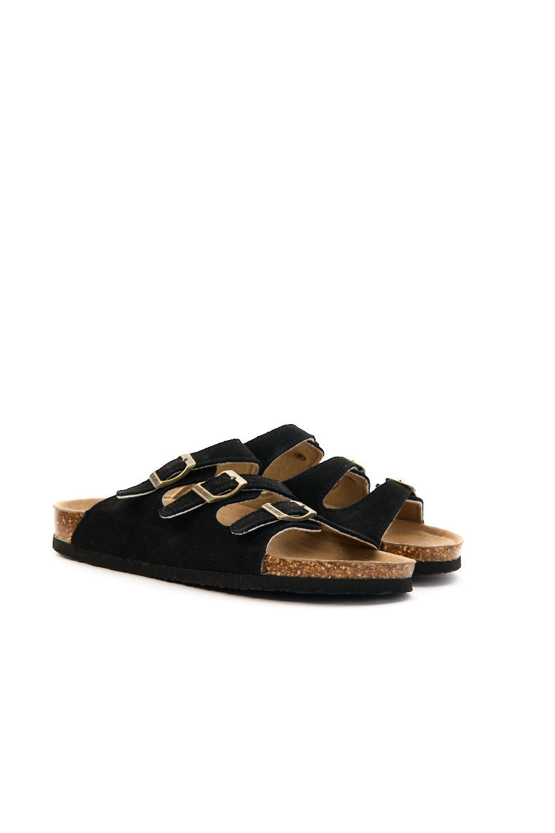 Maibulun | Signature Tri Strap Suede Footbed Sandal - Black