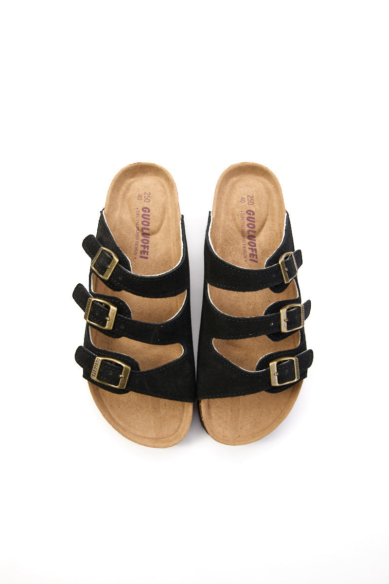 Maibulun | Signature Tri Strap Suede Footbed Sandal - Black