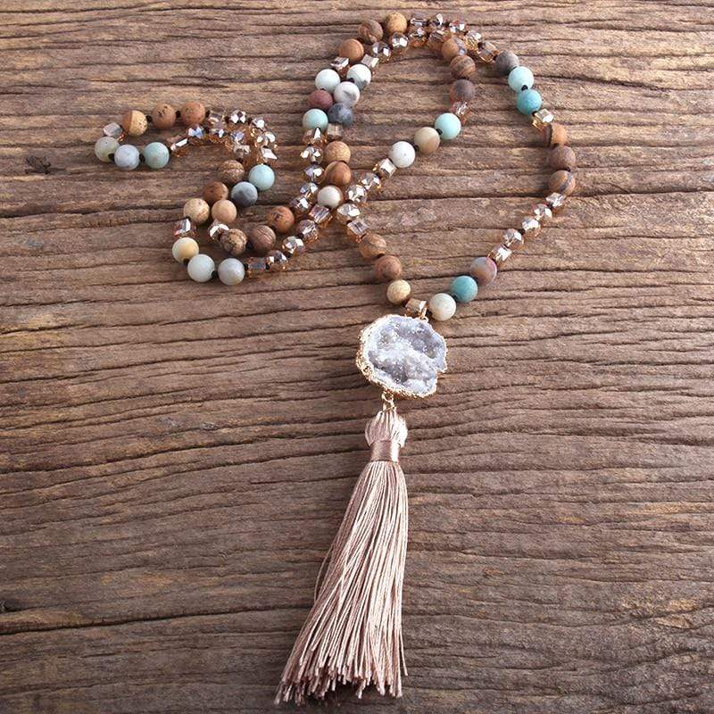 Long Knotted Tassel Stone Necklace