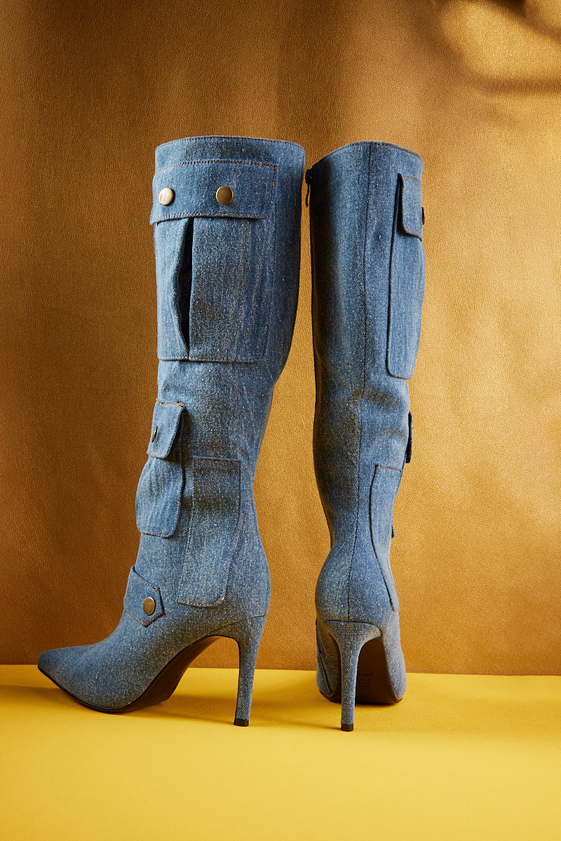 Jady Rose | Briston Knee High Cargo Denim Boots - Blue