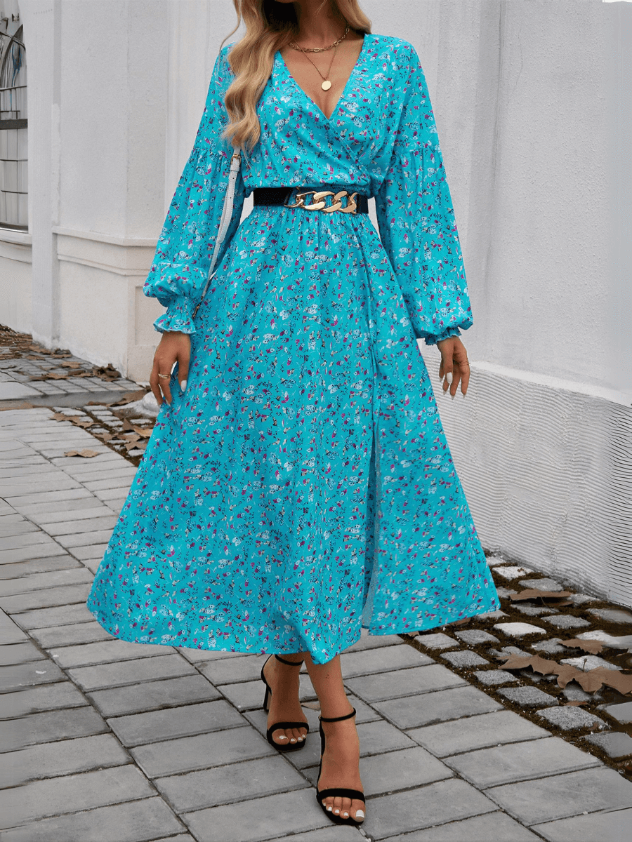 Lisette V-Neck Floral Print Tiered Maxi Dress - Blue