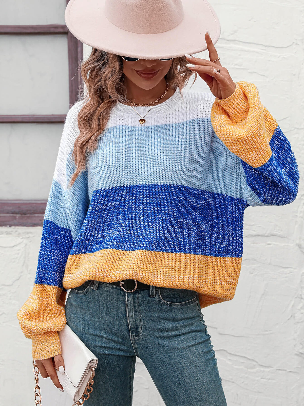 Milton Contrast Striped Pullover Sweater - Blue