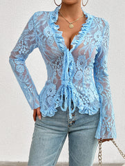 Janelle Floral Lace Sheer Cardigan - Blue