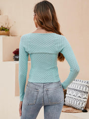 Alannah Perforated Long Sleeve Knit Top - Turquoise