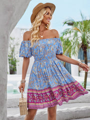 Ashlyn Off-Shoulder Boho Mini Dress - Blue