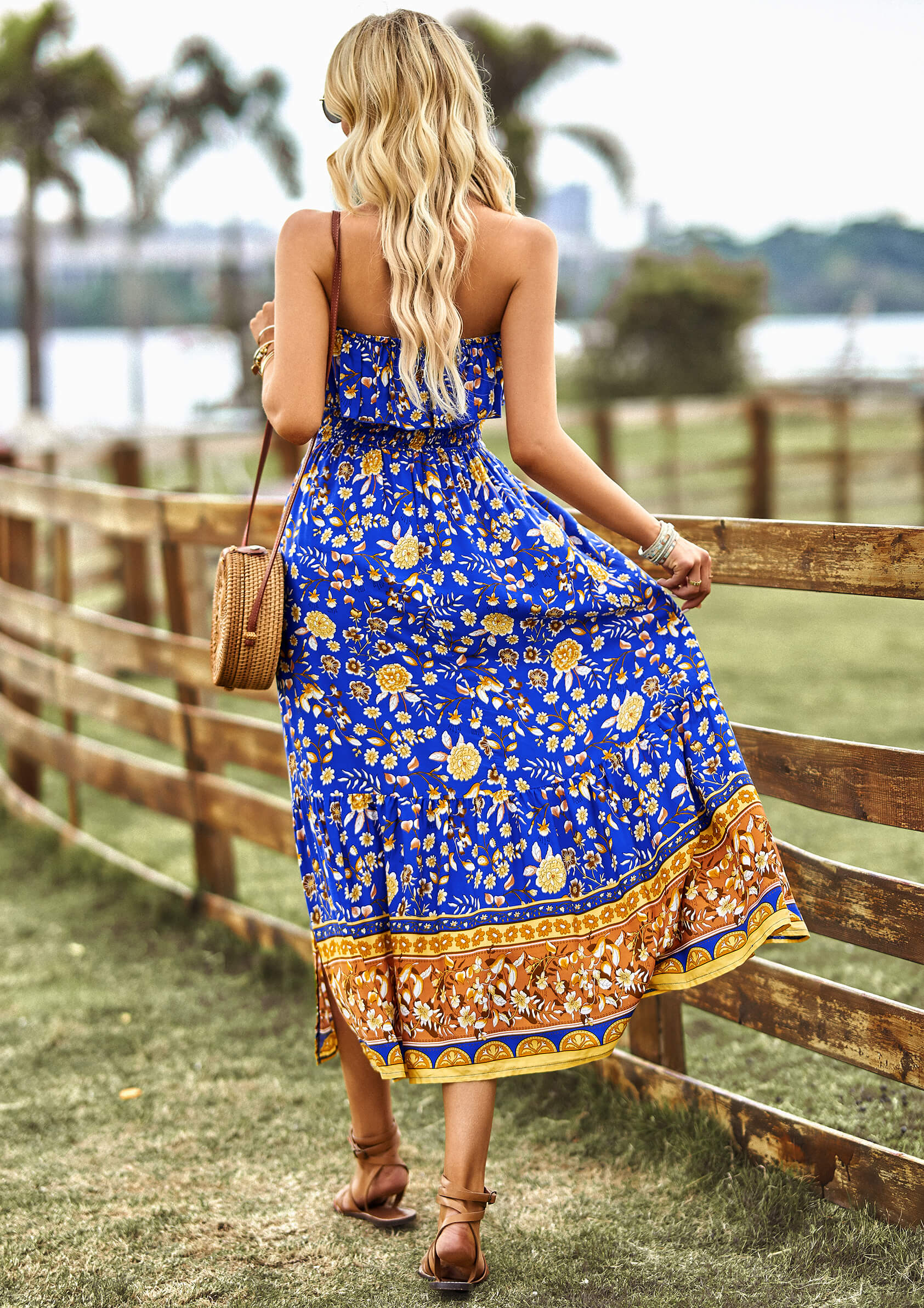 MARISA FLORAL OFF THE SHOULDER MAXI DRESS - BLUE